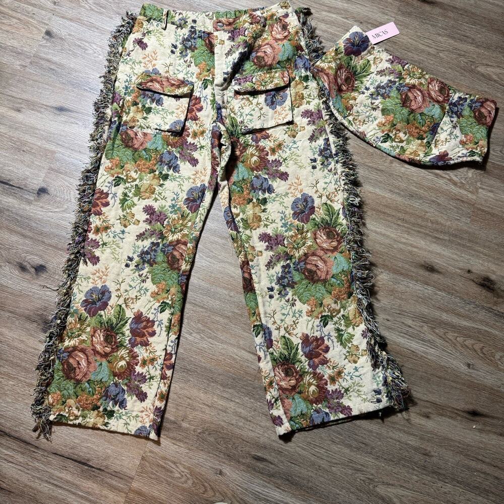 NWT MICAS Floral Tapestry Jacquard Fringe Cargo Pants Rave Bandeau Set Womens L